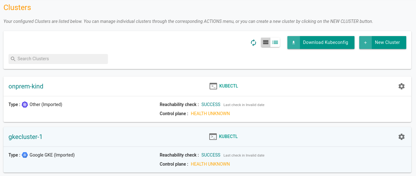 List of imported clusters.